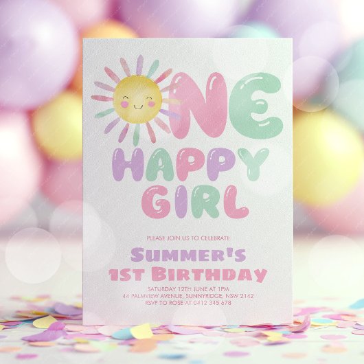 ハッピーガール1歳の誕生日 陽の光 ピンクとグリーン 招待状