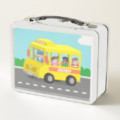 ハッピーキッズと黄色のスクールバスパーソナライズされた メタルランチボックス (裏面)