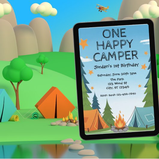 ハッピーキッズキャンパー、1歳の誕生日招待状 招待状
