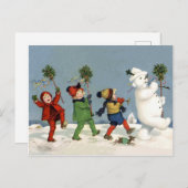 ハッピーキッズ歩くと雪だるま、ヴィンテージ休日 ポストカード (正面/裏面)