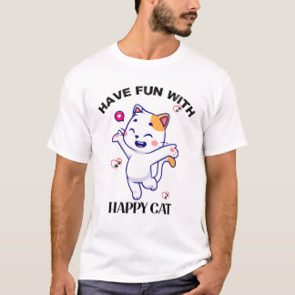 「ハッピーキャットとおもしろいを持って」 – 猫好きTシャツ Tシャツ