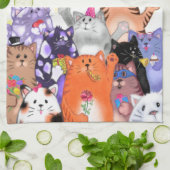 ハッピーキャットパーティーアニメスケッチ – かわいいおもしろい猫たち  キッチンタオル (折り畳み)