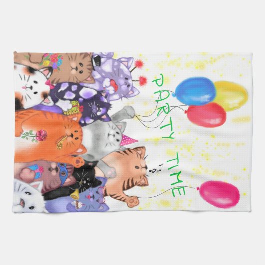 ハッピーキャットパーティーアニメスケッチ – かわいいおもしろい猫たち  キッチンタオル (横)