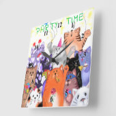 ハッピーキャットパーティーアニメスケッチ – かわいいおもしろい猫たち  スクエア壁時計 (傾斜)