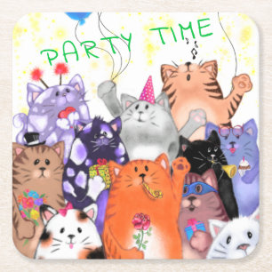 ハッピーキャットパーティーアニメスケッチ – かわいいおもしろい猫た スクエアペーパーコースター