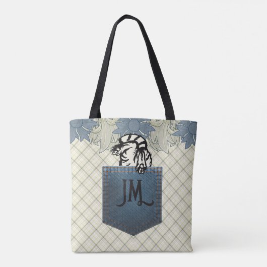 ハッピーキャットブルーフローラカントリープレイドジャンポケット トートバッグ (裏面)