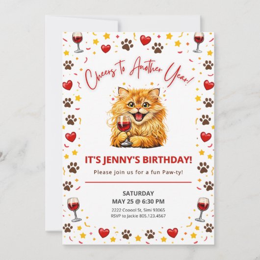 ハッピーキャットワイン 誕生日おめでとう また1年が始まる 招待状 (正面)