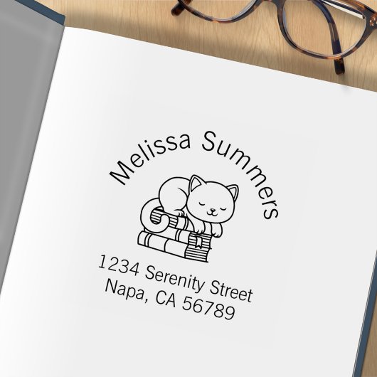 ハッピーキャット本の山アーチ住所ラベル ラバースタンプ