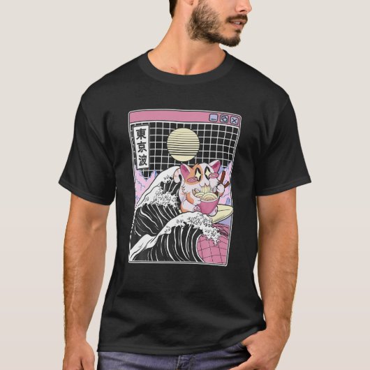 ハッピーキャット食べラーメンサーフィン神奈川WAVEアニメ Tシャツ (正面)