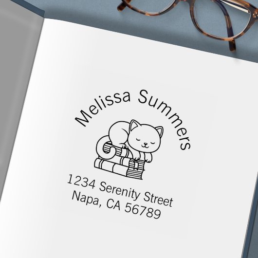 ハッピーキャット 本の山 住所ラベル セルフインキングスタンプ