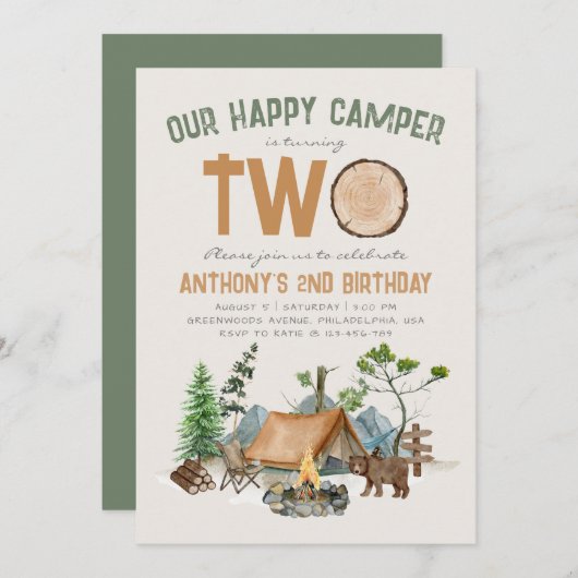 ハッピーキャンパーウォーターカラーウッドランド2nd誕生日 招待状 (正面/裏面)