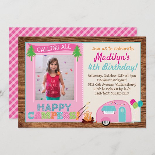 ハッピーキャンパーガールフォトバースデーパーティー 招待状 (正面/裏面)