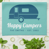 ハッピーキャンパーズティール(緑がかった色)ネービーキャンピング キッチンタオル (折り畳み)