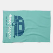 ハッピーキャンパーズティール(緑がかった色)ネービーキャンピング キッチンタオル (横)