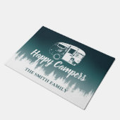 ハッピーキャンパーティール(緑がかった色)グラデーションフォレストファミリ名 ドアマット (アングル)