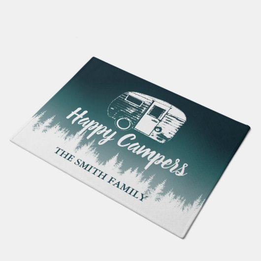 ハッピーキャンパーティール(緑がかった色)グラデーションフォレストファミリ名 ドアマット (アングル)