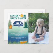 ハッピーキャンパーボーイズファースト誕生日フォト招待状  ポストカード (正面/裏面)