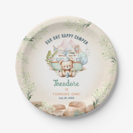 ハッピーキャンパー夏の最初の誕生日ボーイ ペーパープレート (正面)