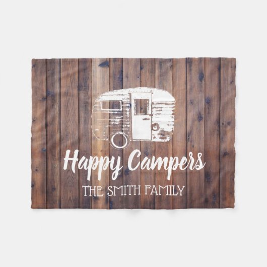 ハッピーキャンパー素朴キャンピングトレーラーファミリー名 フリースブランケット (正面(横))