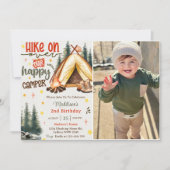 ハッピーキャンパー誕生日パーティーの写真でハイキング 招待状 (正面)