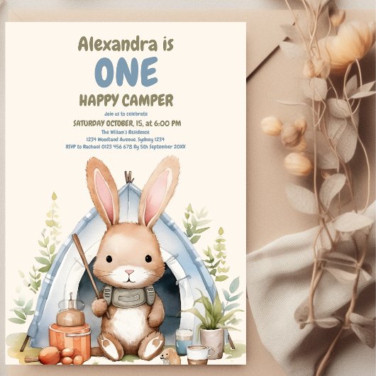 ハッピーキャンパー ウッドランドラビット ボーイズ 1歳の誕生日 招待状