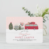 ハッピーキャンパー クリスマス ホリデー ピンク 1歳 誕生日 招待状 (スタンド正面)