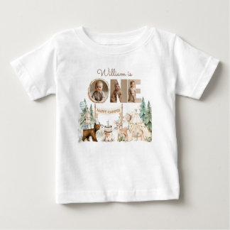 ハッピーキャンパー フォト ファースト バースデー ベビーTシャツ