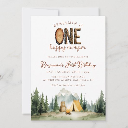 ハッピーキャンパー フォレストベア 1歳の誕生日 招待状 (正面)