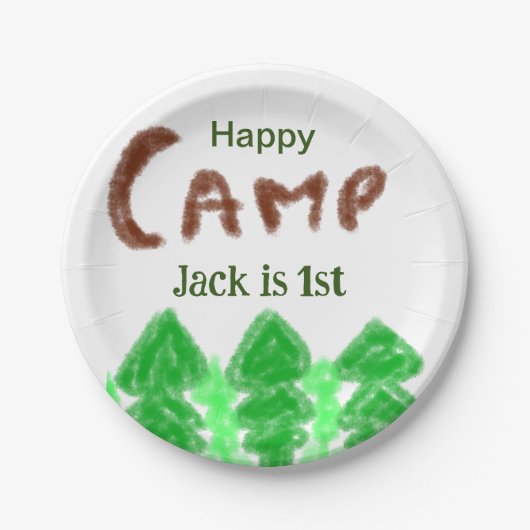 ハッピーキャンピングキャンパー1バースデーキッズ木 ペーパープレート (正面)