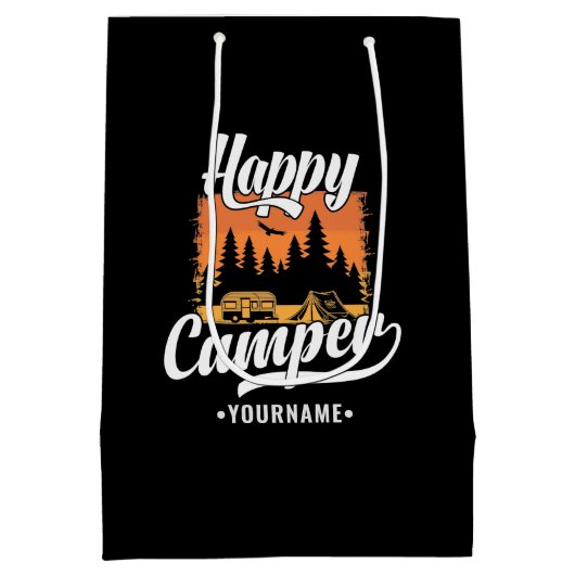 ハッピーキャンピングハイキングトラベルキャラバンライフ ミディアムペーパーバッグ (裏面)