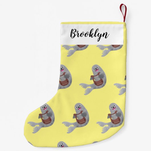 ハッピーキュートなハープシール漫画イラストレーション スモールクリスマスストッキング (裏面)