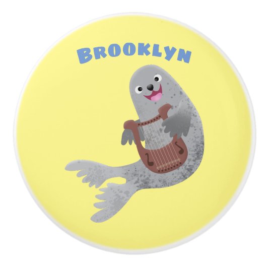 ハッピーキュートなハープシール漫画イラストレーション セラミックノブ (正面)