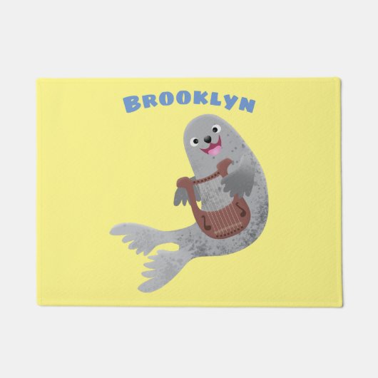 ハッピーキュートなハープシール漫画イラストレーション ドアマット (正面)