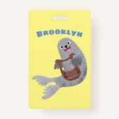 ハッピーキュートなハープシール漫画イラストレーション バッジ (裏面)