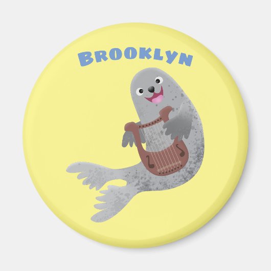 ハッピーキュートなハープシール漫画イラストレーション マグネット (正面)