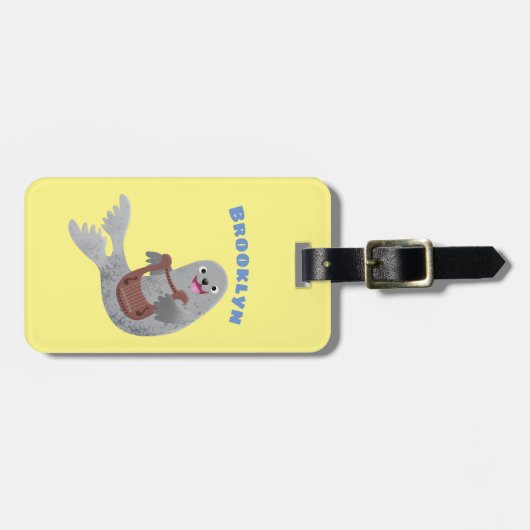 ハッピーキュートなハープシール漫画イラストレーション ラゲッジタグ (正面横)