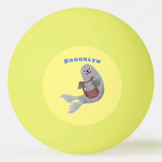 ハッピーキュートなハープシール漫画イラストレーション 卓球ボール (正面)