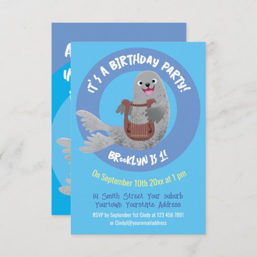 ハッピーキュートなハープシール漫画イラストレーション 招待状 (正面/裏面)