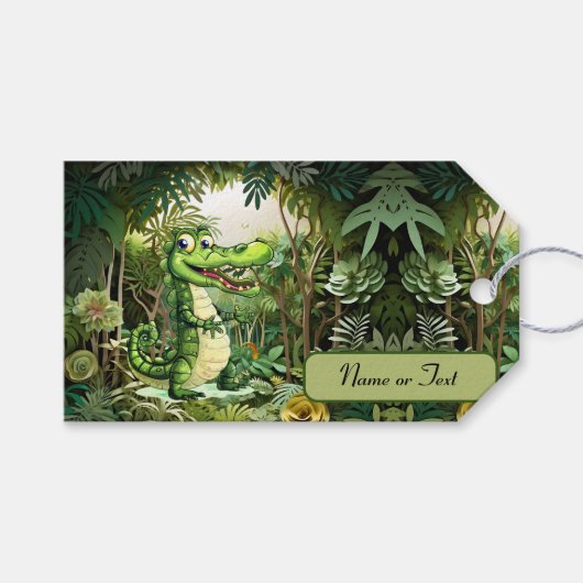 ハッピーキュートなワイルドワニのジャングルの木々美しい ギフトタグ (正面(横))