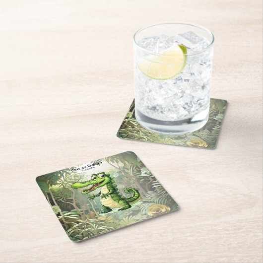 ハッピーキュートなワイルドワニのジャングルの木々美しい スクエアペーパーコースター (インサイチュ)