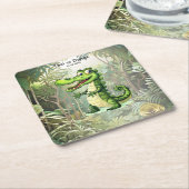 ハッピーキュートなワイルドワニのジャングルの木々美しい スクエアペーパーコースター (アングル)