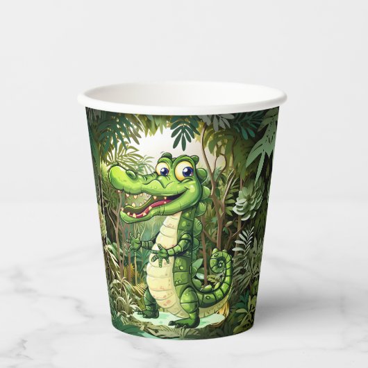 ハッピーキュートなワイルドワニのジャングルの木々美しい 紙コップ (正面)
