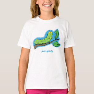 ハッピーキュートグリーンキャタピラーアニメイラストレーション Tシャツ