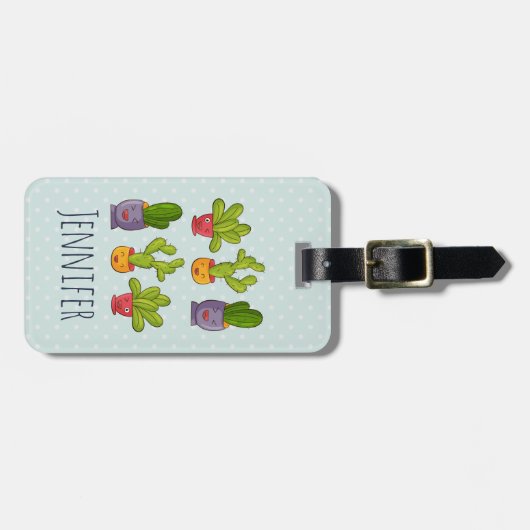 ハッピーキュートサボテンinフラワーポットおもしろいイラストレーション ラゲッジタグ (正面横)