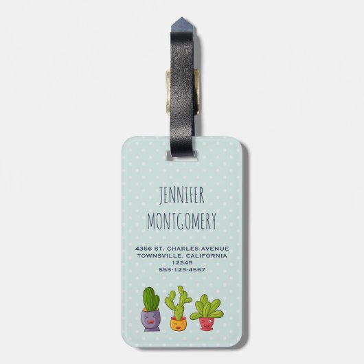 ハッピーキュートサボテンinフラワーポットおもしろいイラストレーション ラゲッジタグ (裏面縦)