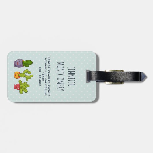 ハッピーキュートサボテンinフラワーポットおもしろいイラストレーション ラゲッジタグ (裏面横)