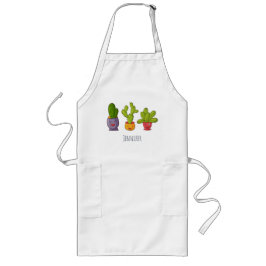 ハッピーキュートサボテンinフラワーポットおもしろいイラストレーション ロングエプロン