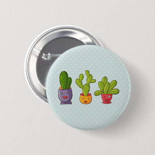 ハッピーキュートサボテンinフラワーポットおもしろいイラストレーション 缶バッジ (正面&裏面)