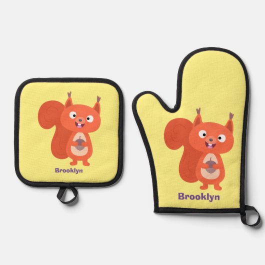 ハッピーキュート赤リス漫画イラストレーション 鍋つかみ&鍋敷きセット (正面)