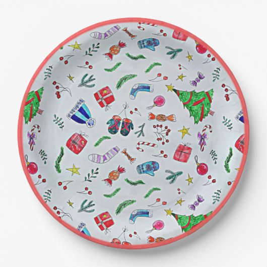 ハッピークリスマスお祝いパターン ペーパープレート (正面)